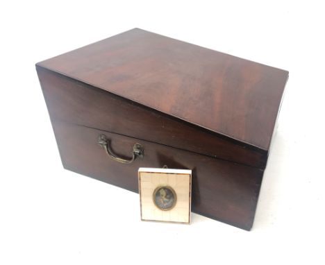 Victorian mahogany slope front work box with brass carry handles, D39cm and a portrait miniature of Marie Antoinette (2) Cond