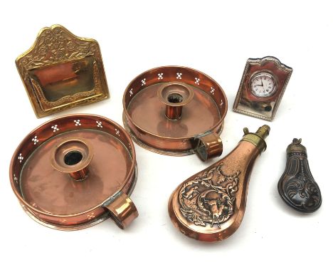 Carr's of Sheffield silver fronted mantle clock, cast brass card holder, pair 19th century copper chamber sticks, copper and 