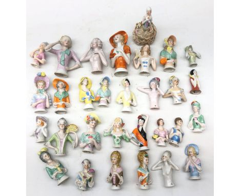 Collection thirty of ceramic pin cushion/ half dolls of varying sizes, including one with pin cushion base, H12cm max  Condit