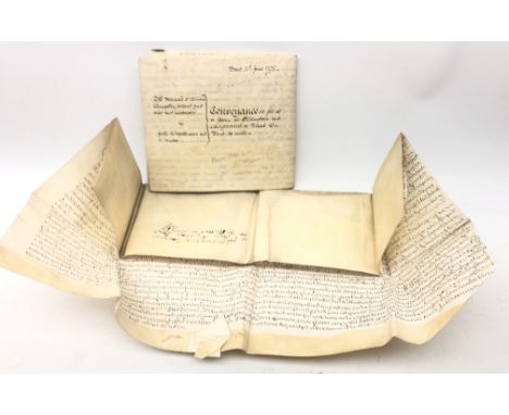 18th century manuscript deed on vellum being a five page conveyance of a farm at Rillington, with multiple wax seals, and ano