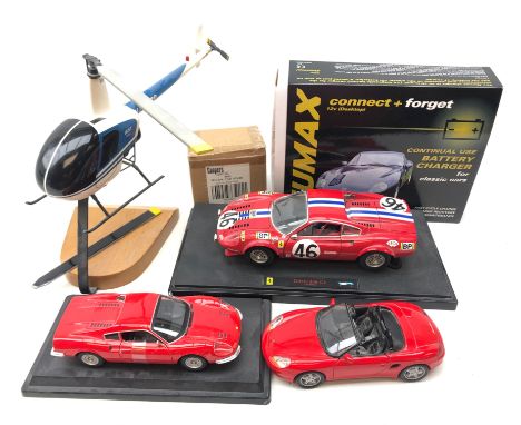 Three Diecast vehicles comprising - Burago & Mattel 'Dino 246 GT' and Welly 'Porsche Boxster', Beta R22 model Helicopter, Num