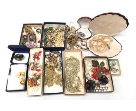 Collection of costume jewellery and fancy goods including simulated pearl necklaces, enamel effect belt buckle, 1812 Roscoe P