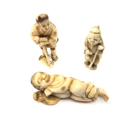 Two Japanese Meiji ivory Netsuke in the form of a figure with staff and dancing figure & ivory okimono H5.5cm max (3) Conditi