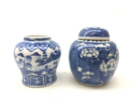 Small Chinese clue and white baluster form vase, four character Kangxi mark to base H9.5cm and a small Chinse prunus pattern 