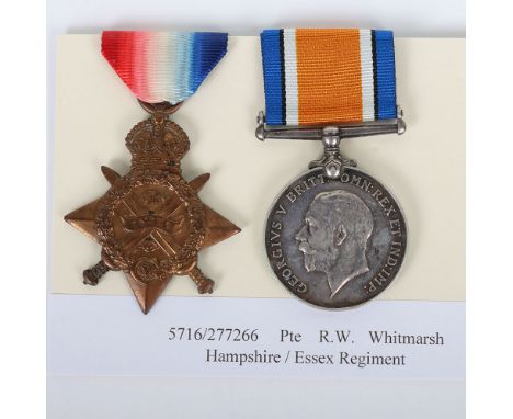WW1 1914 Star pair of medals for service in the Hampshire Regiment. 1914 Star medal, “5716 PTE. R.W. WHITMARSH 1/HAMPS:R.”, B
