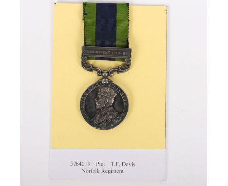 Indian General Service medal to the Norfolk Regiment for the campaign in Waziristan. India General Service medal, GV, with cl