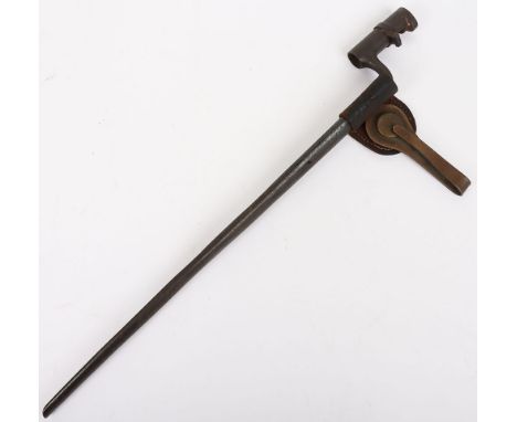 American Civil War Period Socket Bayonet, housed in steel scabbard with leather and brass belt hook fitting. Triangular blade