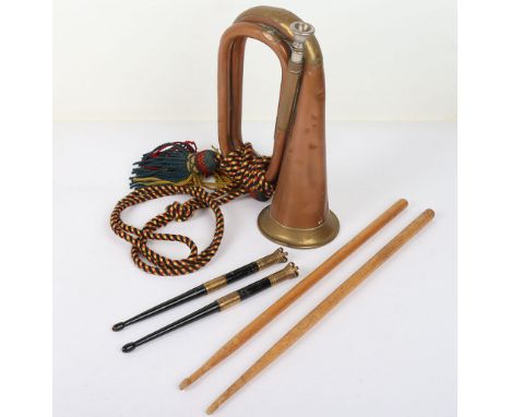 British Military Bugle, 1956 dated brass and copper bodied bugle by Mayers & Harrison. With mouth piece and knotted cords. Ac