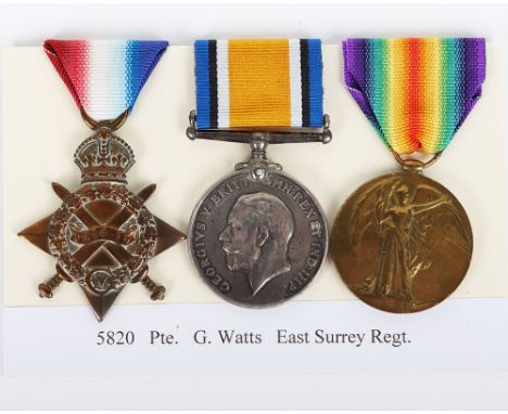 A Great War 1914-15 Star Medal trio to the East Surrey Regiment. 1914-15 Star medal, British War and Victory medals, “5820 PT