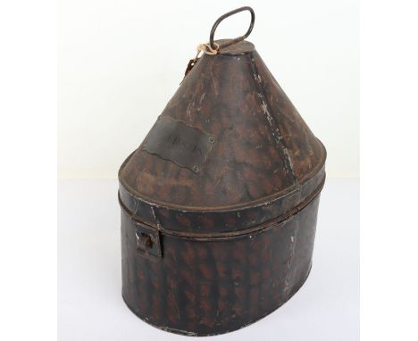 British Home Service Blue Cloth Helmet Storage Tin: Metal tin with Japanned finish and brass name plate Capt. D.L.ROGERS in g