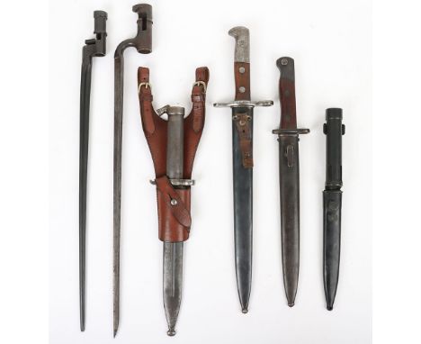 Mixed Bayonets: Swedish 1896 knife bayonet with scabbard and leather frog, Swiss 1918 bayonet with scabbard, FAL bayonet with