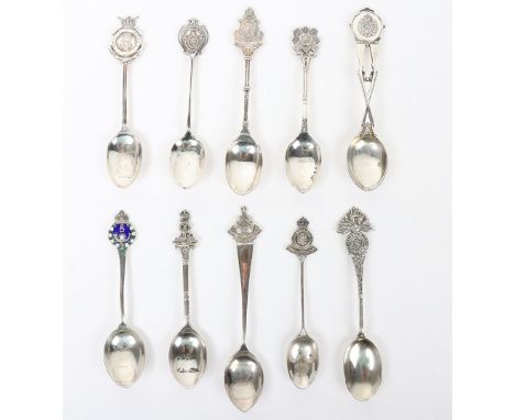 Hallmarked  Silver Regimental Spoons: A good selection to  include  Kent , Royal Sussex, Fusiliers, Pioneer Corps, enamel bad