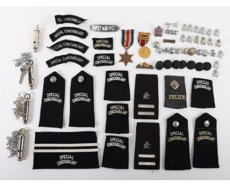 Special Constabulary Badges and Whistles: Four whistle , three with chains and collar badges, Special Service 1926 enamel bad
