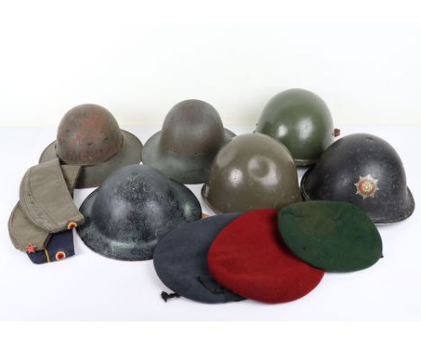 Military Steel Helmets and Hats: WW2 Homefront black helmet with liner, two civil Zuckerman helmets one with liner, Fire stee