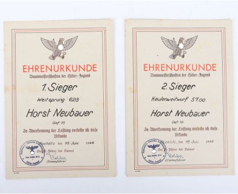 WW2 German Hitler Youth Sports Award Citations: Both awarded to Horst Neubauer in 1944 first and second prize, franked and si
