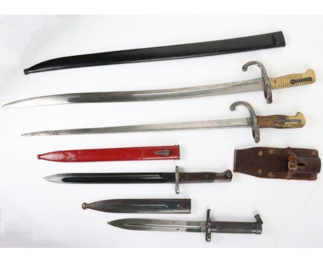 French Chassepot bayonet and others: Chassepot complete with scabbard, Gras M1874 bayonet without scabbard, Swedish 1896 knif