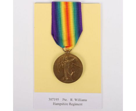 A Great Var Victory medal to the Hampshire Regiment, Victory medal, “307195 PTE. R WILLIAMS HAMPS. R.” Reginald Williams serv