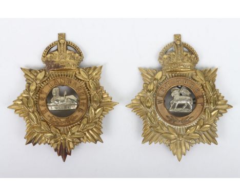 2x Kings crown other ranks Helmet Plates. Lot includes items for the East Lancashire & West Surrey Regiments. Items in good c