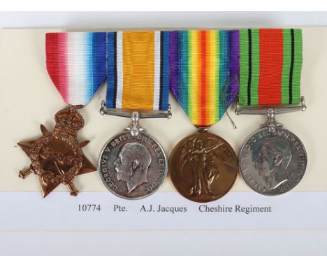 A group of 4 medals covering service in both World Wars. 1914-15 Star medal,”10774 PTE. A.J. JACQUES. CHES: R.” British War a