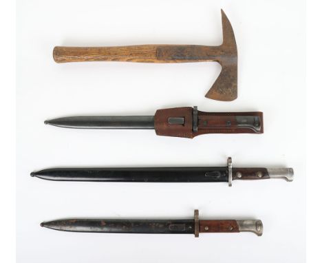 Bayonets and Fire Axe: VZ 24 Czechoslovakian bayonets with scabbards, one with brown leather frog, another bayonet with scabb