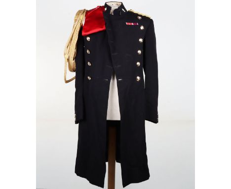 British Royal Hussars Officers Frock Coat, crimson waist sash and gold braid aiguette, near mint condition. 