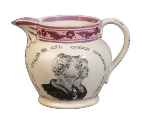 A SUNDERLAND LUSTRE WILLIAM IV CORONATION JUG19th century, printed in black with portrait and flowers with pink lustre frieze
