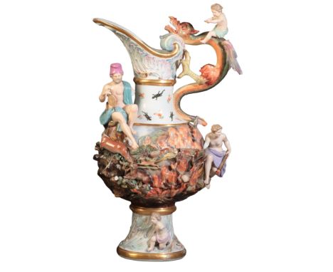 A LARGE MEISSEN PORCELAIN EWER EMBLEMATIC OF 'FIRE'&nbsp;circa 1880, after the model by Johann Joachim Kändler (1706-1775), b