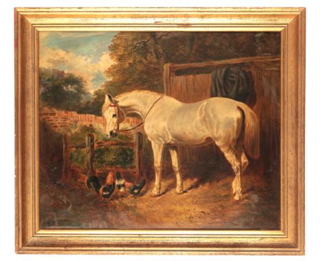 ATTRIBUTED TO JOHN FREDERICK HERRING II (1815-1907) A grey horse and three chickens in a farmyardsigned to the panelling midd