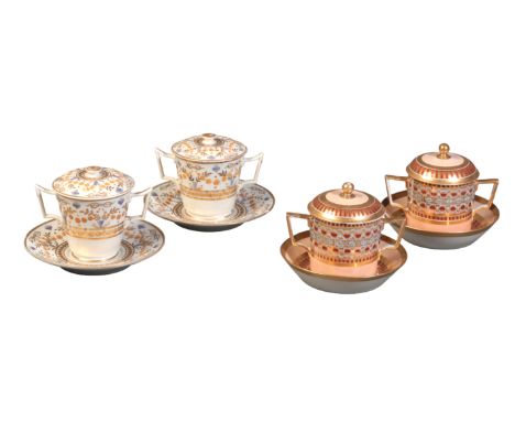 TWO PAIRS OF ENGLISH PORCELAIN CHOCOLATE CUPS, COVERS AND STANDSearly 19th century, including a pair with apricot ground and 