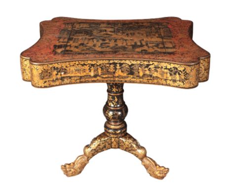 A CHINESE EXPORT LACQUERED GAMES TABLE19th/20th century, profusely decorated in gilt and highlighted in red, the top with a c