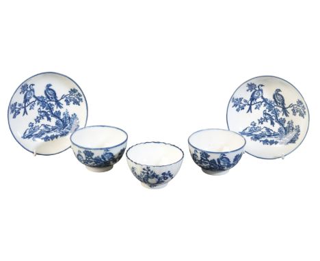 A PAIR OF CAUGHLEY BLUE AND WHITE PORCELAIN 'BIRDS IN A TREE' PATTERN TEA BOWLS AND SAUCERScirca 1775-1795; together with a C