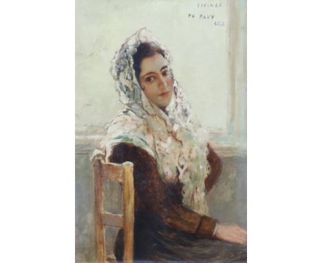Philippe Pavy (French, 1860-c.1920) Portrait of a seated Spanish womanoil on canvassigned and dated Seville 188826 x 17cm**co