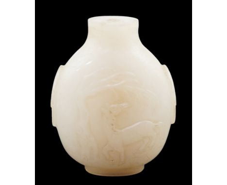 A large Chinese white jade snuff bottle, 19th century, carved in relief with a horse biting leaves from a tree, the reverse w