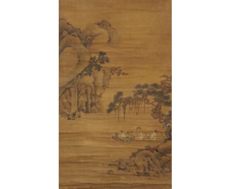 Chinese School, 18th century, a scroll painting on silk of figures on a boat, signed Qiu Ying, image 72 x 43.5cm**conditionre