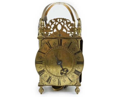 Robert Watts of Stamford, an early 18th century brass lantern clock, the Roman dial engraved with the maker's name amongst sc