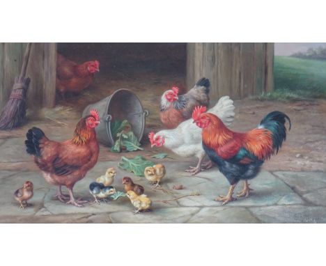 Edgar Hunt (English, 1876-1953) Chickens and chicks in a farmyardoil on canvassigned and dated 193319 x 34cm**conditionreport