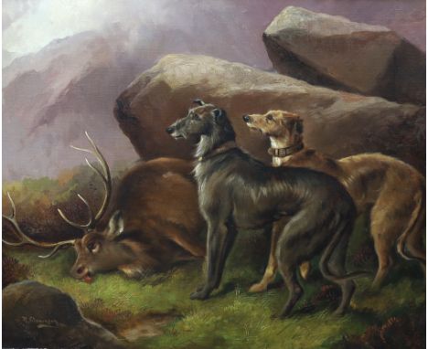 Robert Cleminson (British, 1864-1903) Deerhounds beside a stagoil on canvassigned49 x 59cm**conditionreport**Relined 20 - 30 