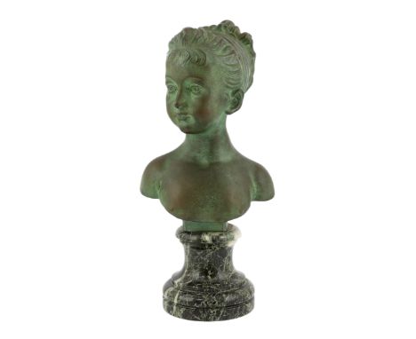 After Jean-Antoine Houdon (1741-1828), a green patinated bronze bust of a child, signed with Patrouilleau éditeur signature i