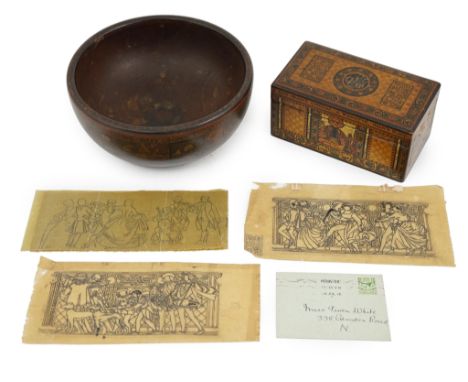 Gwendolen White (British, fl.1910-1915) Tobacco box and a fruit bowlilluminated white woodthe box depicting Virginia, Russia,