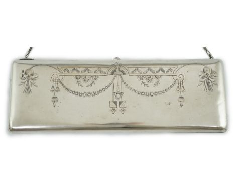 A large early 20th century Russian 84 zolotnik silver mounted purse, with engraved decoration and cabochon set button, master