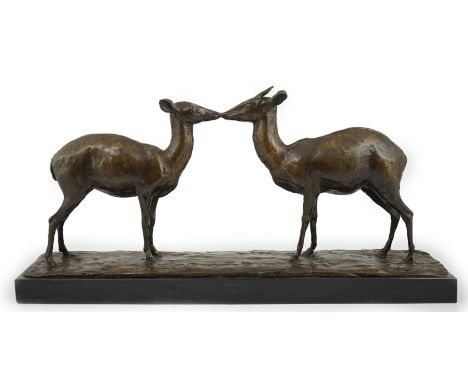 Samuel Granowsky (Ukranian, 1889-1942), an unusual bronze group of two deer standing upon a naturalistic base, signed in the 