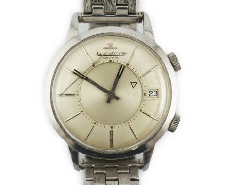 A gentleman's stainless steel Jager LeCoultre Memovox automatic alarm date wrist watch, with date aperture and baton numerals