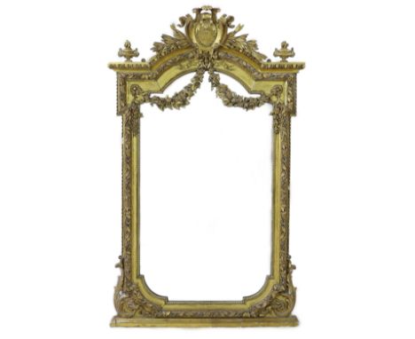 A 19th century French carved giltwood wall mirror of architectural form with cartouche, laurel leaf and flaming urn crest, ov