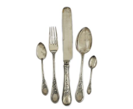 An early 20th century Russian 84 zolotnik silver five piece personal cutlery set by Ivan Khlebnikov, comprising three spoons,