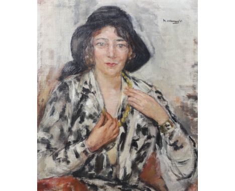 Maria Aldernaght (Belgian, 1902-1945) Portrait of a lady wearing an amber bead necklaceoil on canvassigned69 x 59cm**conditio
