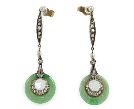 A pair of 1920's 18ct gold, diamond, seed pearl and jade disc set drop earrings, 42mm, gross weight 4.1 grams, with later 9ct