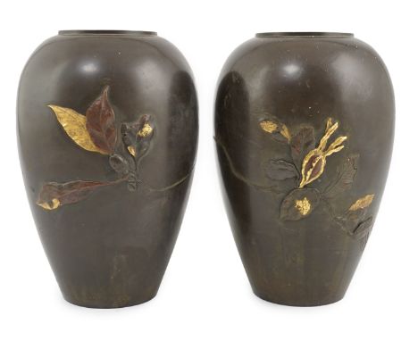 A pair of Japanese bronze and mixed metal ovoid vases, Meiji period, one cast in relief and picked out in different coloured 