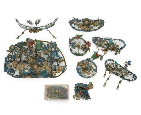 A group of eight Chinese kingfisher feather, jade, seed pearl, coral and hardstone mounted headdresses and ornaments, late Qi