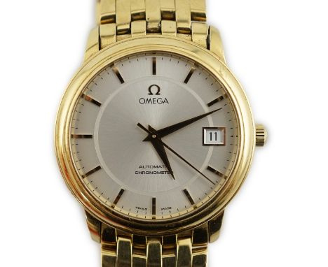 A gentleman's early 2000's 18ct gold Omega Automatic Chronometer wrist watch, with baton numerals and date aperture, watch no