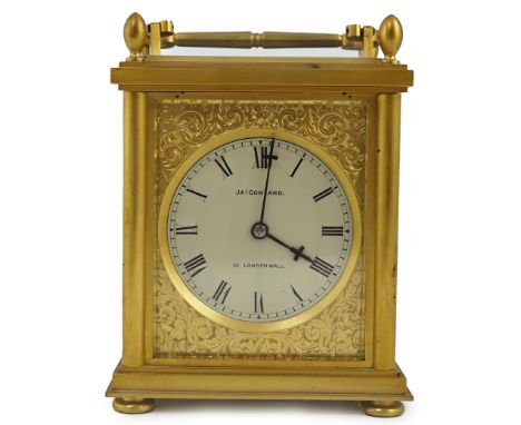 James Gowland of London, a rare mid 19th century giant gilt bronze single fuseé carriage timepiece, the circular silver dial 